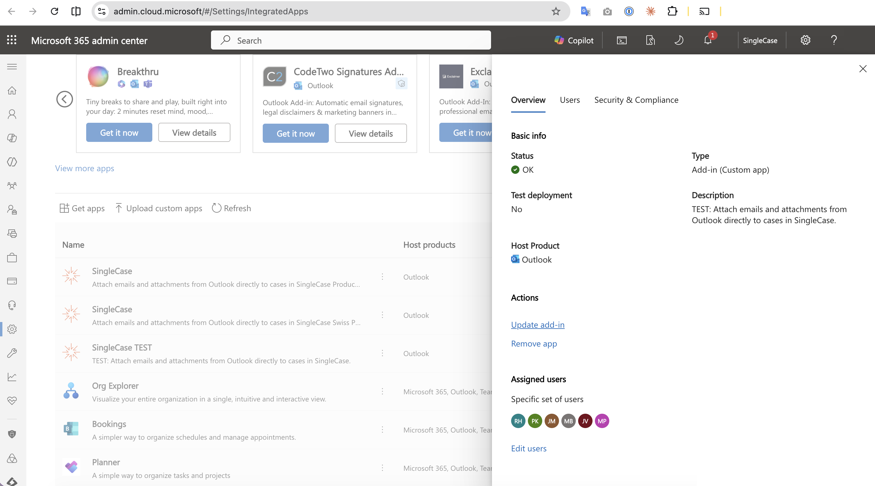 SingleCase add-in detail panel in Integrated apps, showing the Update add-in action